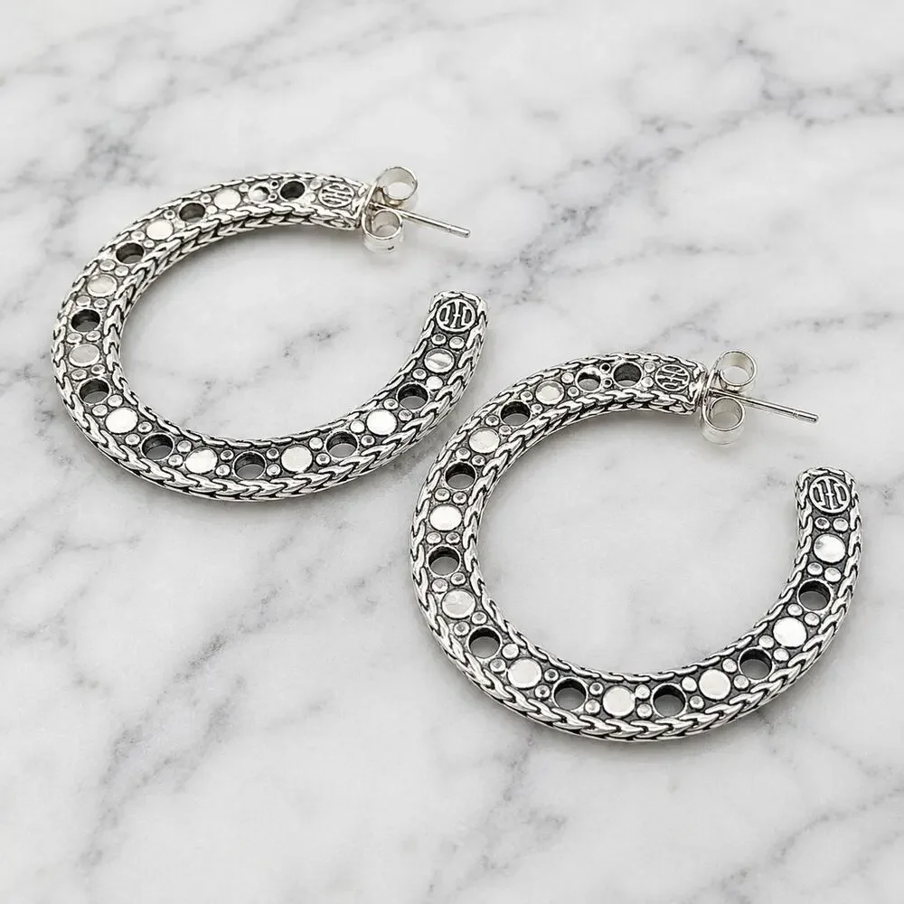Vintage John Hardy Dot Sterling Silver 925 Flat Hoop Earrings Designer 2in